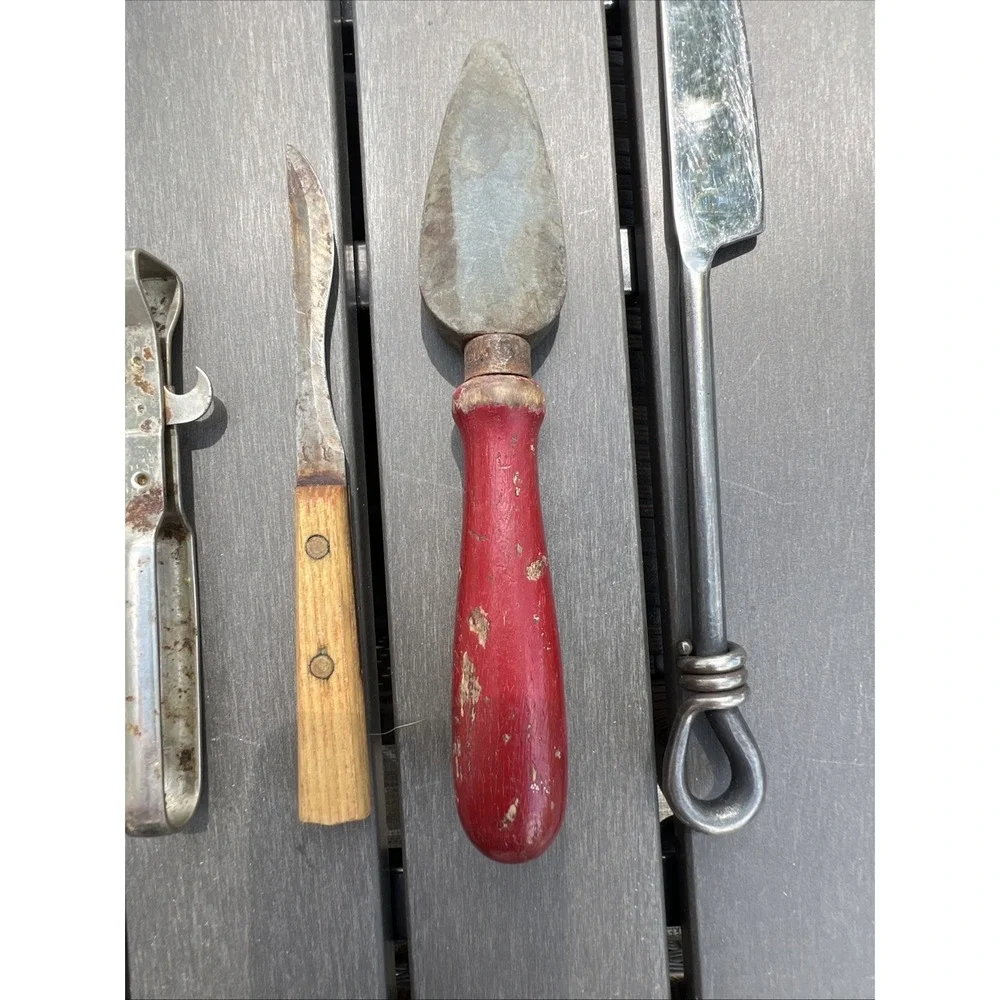 Lot Of 4 Vtg Antique Kitchen Gadgets Utensils Knifes Can Opener Sharpening Stone